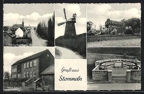 AK Stommeln, Ehrenmal, Krankenhaus, Neue Schule, Teilansicht