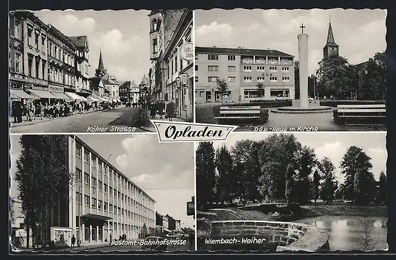 AK Opladen, Kölner Strasse mit Gasthaus, DGB-Haus mit Kirche, Postamt Bahnhofstrasse