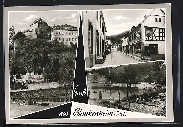 AK Blankenheim /Eifel, Strassenpartie mit Cafe, Schloss, Uferpartie