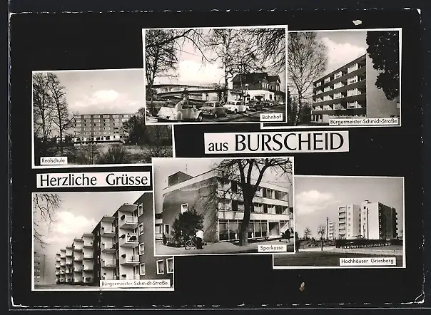 AK Burscheid / Rheinl., Sparkasse, Hochhäuser Griesberg, Bahnhof