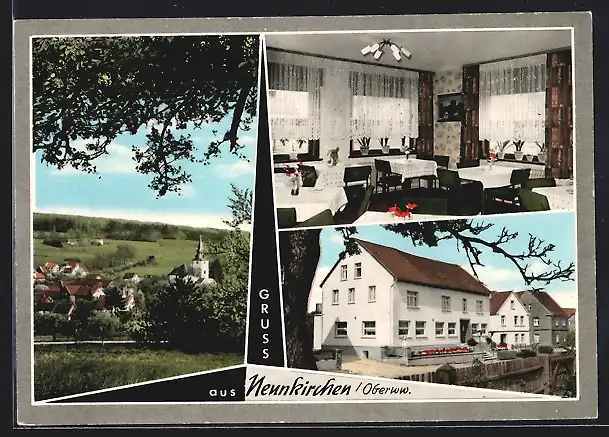 AK Neunkirchen / Westerwald, Gasthof und Pension Westerwald, Speisesaal, Teilansicht vom Ort
