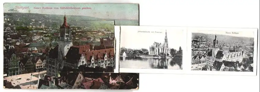 Leporello-AK Stuttgart, Neues Rathaus vom Stiftskirchenturm gesehen, Schlossplatz, Königsbau