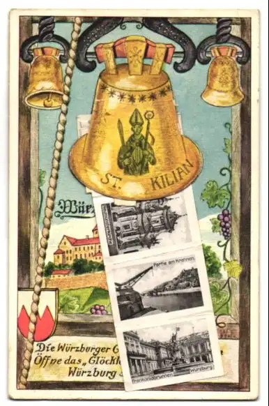 Leporello-AK Würzburg, Ansichten hinter der St. Kilian-Glocke, Residenz, Falkenhaus, Käppele