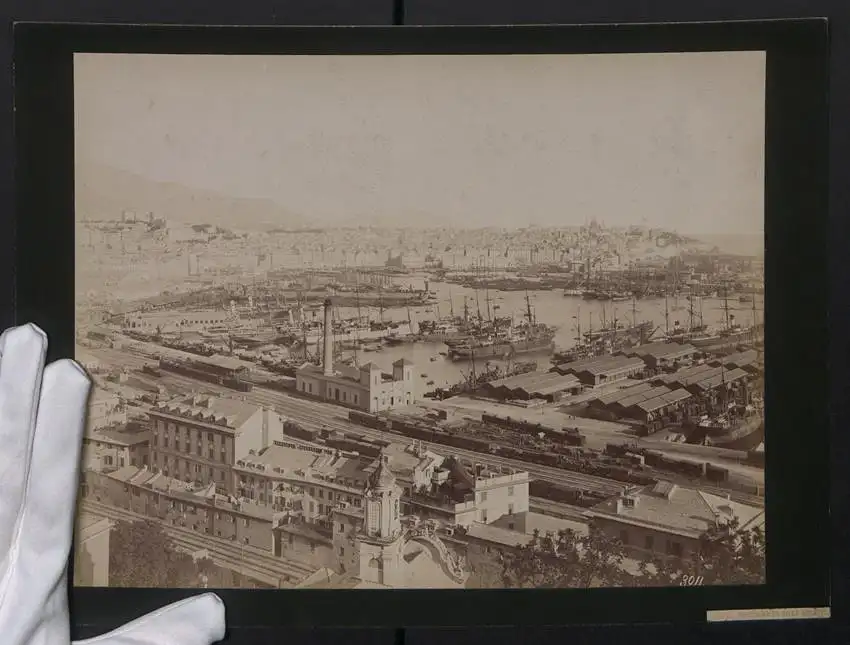 Fotografie unbekannter Fotograf, Ansicht Genua / Genova, Panorama da Villa Rosazza, Hafen & Güterbahnhof, Eisenbahn