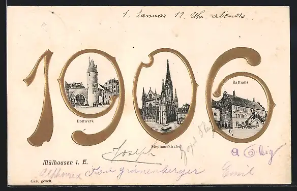 AK Mülhausen, Bollwerk, Stephanskirche und Rathaus in der Jahreszahl 1906
