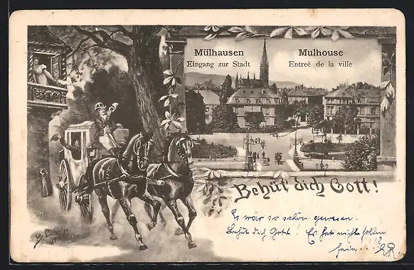 AK Mülhausen, Eingang zur Stadt, Postkutsche