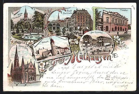 Lithographie Mülhausen, Theater, Bollwerk, Neu Quartier