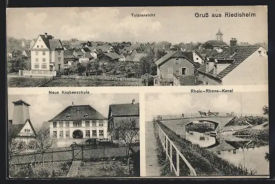 AK Riedisheim, Neue Knabenschule, Rhein-Rhone-Kanal, Gesamtansicht