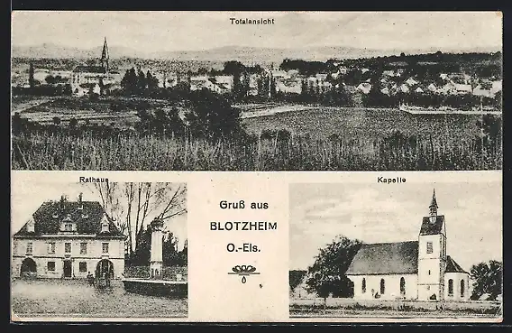 AK Blotzheim, Rathaus, Kapelle, Totalansicht vom Ort