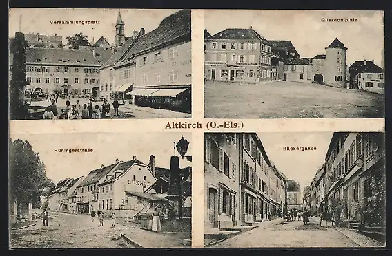 AK Altkirch, Hüningerstrasse mit Gasthaus Luxhof, Bäckergasse, Gilardoniplatz
