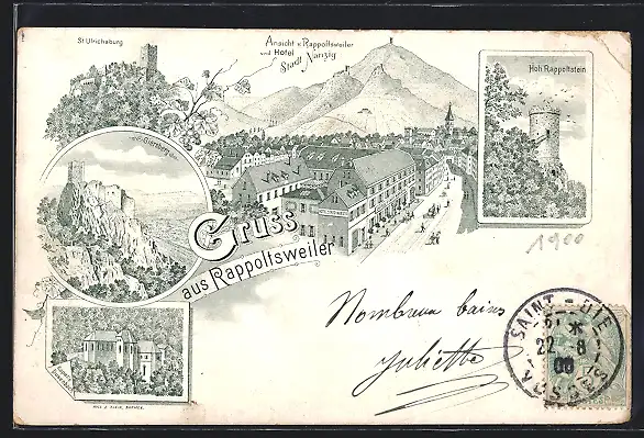 Lithographie Rappoltsweiler, Hotel Stadl Nanzig, Kapelle Dusenbach, Giersberg, St. Ulrichsburg, Hoh Rappoltstein
