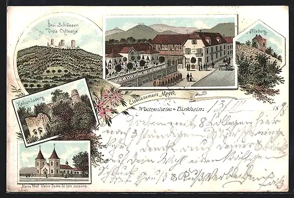 Lithographie Wintzenheim, Etablissement Meyer, Pflixburg, Trois Chateaux