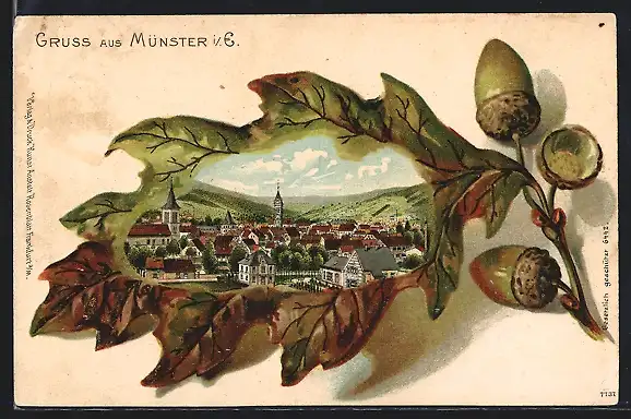 Passepartout-Lithographie Münster, Ortsansicht auf Eichenblatt