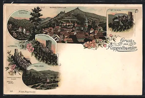 Lithographie Rappoltsweiler, Dusenbach Kapelle, Carolabad, Ortsansicht