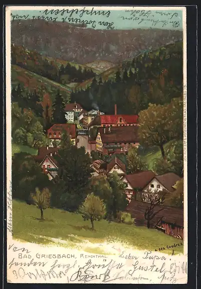 Lithographie Bad Griesbach / Schwarzwald, Ortsansicht vom Berghang aus