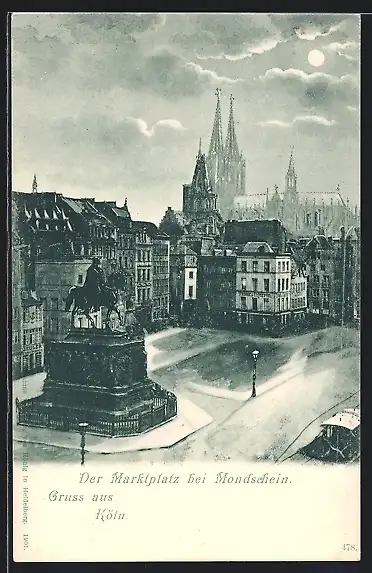 AK Köln, Marktplatz mit Denkmal bei Mondschein