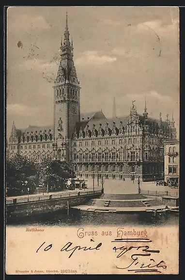 AK Hamburg, Rathaus mit Strassenbahn