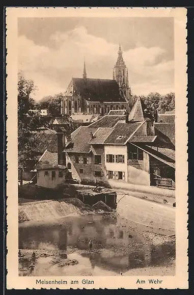 AK Meisenheim, Partie am Wehr, Blick zur Kirche