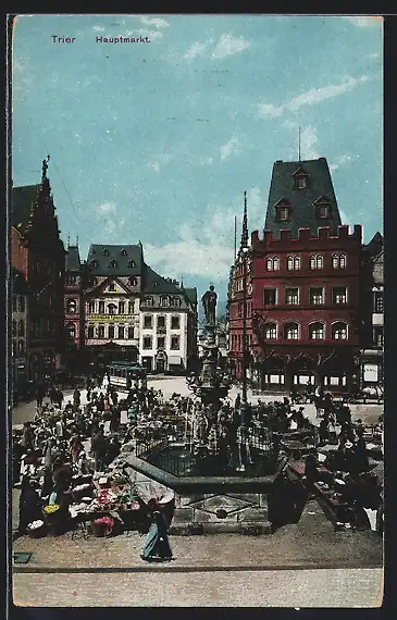 AK Trier, Hauptmarkt mit Brunnen und Strassenbahn