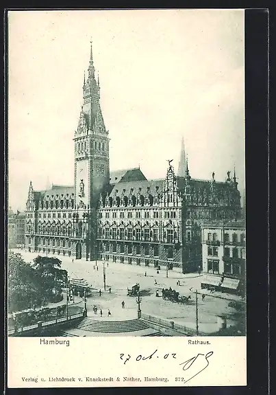 AK Hamburg, Rathaus mit Strassenbahn