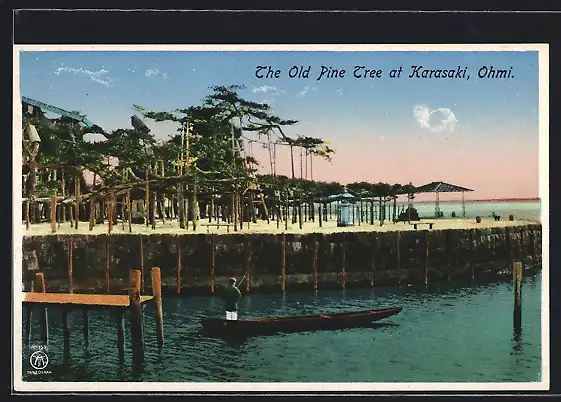 AK Ohmi, the Old Pine Tree at Karasaki, Angler in einem Boot
