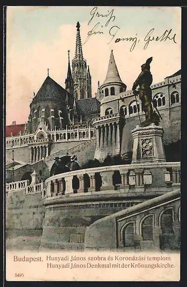 AK Budapest, Hunyadi Janos Denkmal mit der Krönungskirche