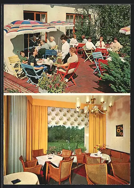 AK Holm-Seppensen, Café-Konditorei Fritz Kühn, Innenansicht und Terrasse