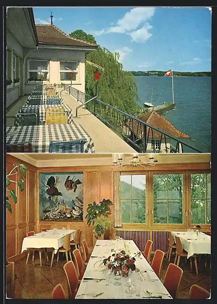 AK Biel, Restaurant Gottstatterhaus, Terrasse am Wasser und Innenraum