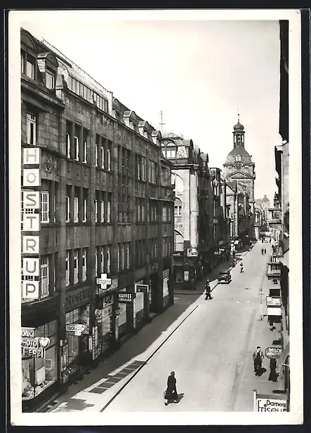 AK Mannheim, Partie an der Kunststrasse mit Rathausturm und Geschäften