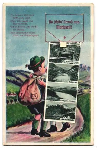 Leporello-AK Mariazell, Kleines Paar in Tracht, Schwebebahn, Bürgeralpe, Ortsansicht mit Ötscher