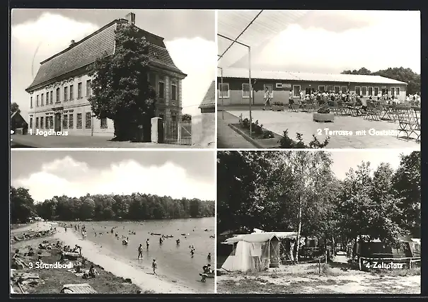 AK Grimma, Jagdhaus, Terrasse mit Gaststätte, Strandbad, Zeltplatz