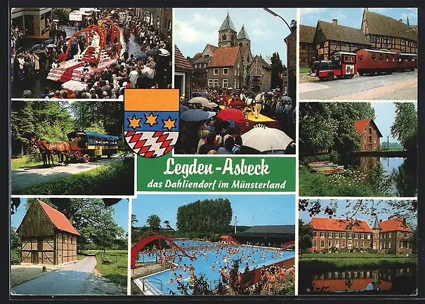 AK Legden-Asbeck im Münsterland, Strassenpartie mit Bahn, Schwimmbad, Umzugswagen