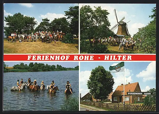 AK Lathen /Emsland, Ferienhof Josef Rohe, Besucher auf Pferden, Windmühle