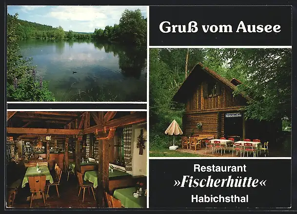 AK Frammersbach am Ausee, Restaurant Fischerhütte im Habichsthal, Innenansicht, Uferpartie