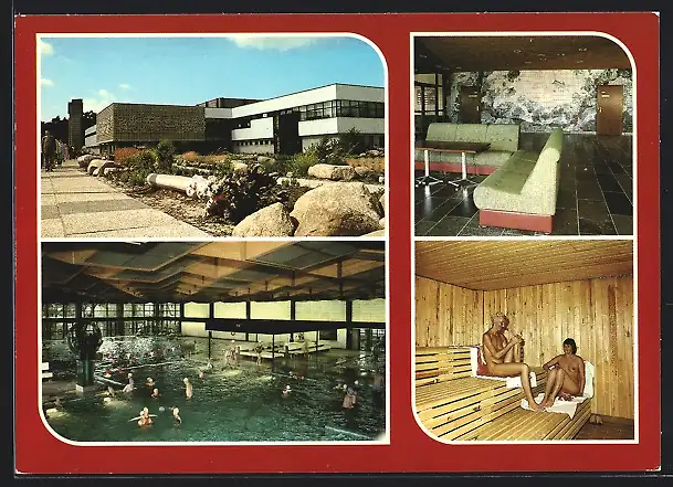 AK Zinnowitz /Kr. Wolgast, Feriendienst der IG Wismut Meerwasserhallenbad, Aussenansicht, Innenansicht, Sauna