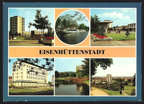 AK Eisenhüttenstadt, Hotel Lunik, Leninallee, Anlegestelle der Fahrgastschiffe, Dampfer