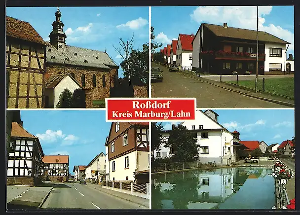 AK Rossdorf / Amöneburg, Kirchpartie, Siedlungspartie, Strassenpartie, Schwimmbad