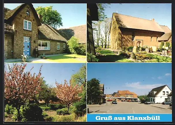 AK Klanxbüll, Strassenpartie mit Spar-Geschäft, Kirche mit Friedhof