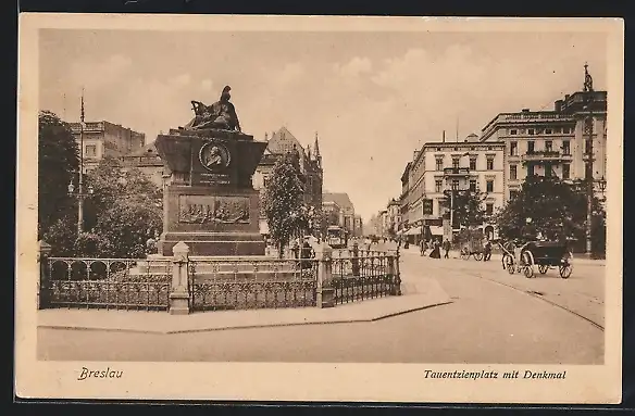 AK Breslau, Tauentzienplatz mit Denkmal