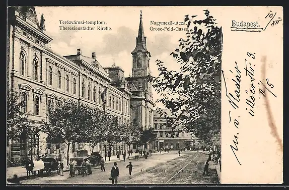 AK Budapest, Grosse Feldgasse mit Kirche