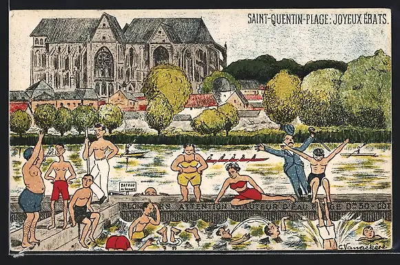 Künstler-AK Saint-Quentin-Plage, Joyeux Ebats, Schwimmbad am Fluss