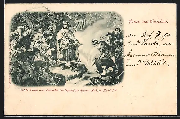 AK Carlsbad, Entdeckung des Karlsbader Sprudels durch Kaiser Karl IV