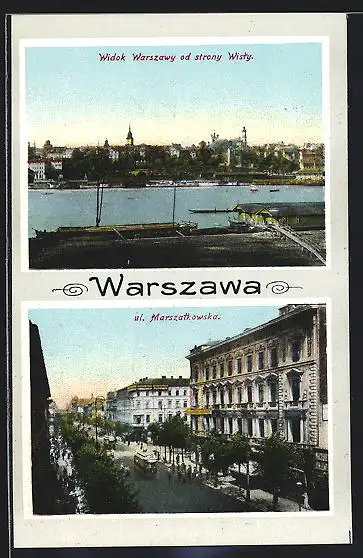 AK Warschau-Warszawa, Widok Warszawy od strony Wisty, ul. Marszatkowska, Strassenbahnen