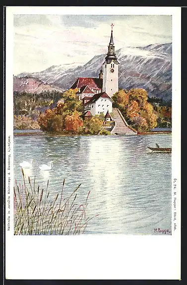 Künstler-AK Bled, Uferpartie mit Kirche