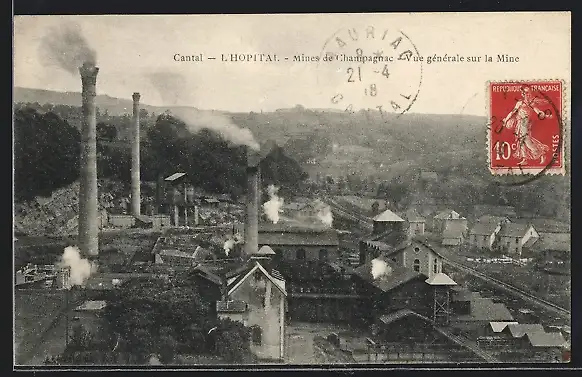 AK Cantal, L`Hopital, Mines de Champagnac, Vue generale sur la Mine, Kohlebergwerk