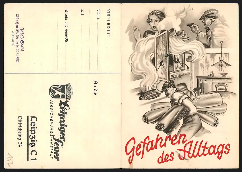 Künstler-AK Reklame für Leipziger Feuer-Versicherungsanstalt, Gefahren des Alltags