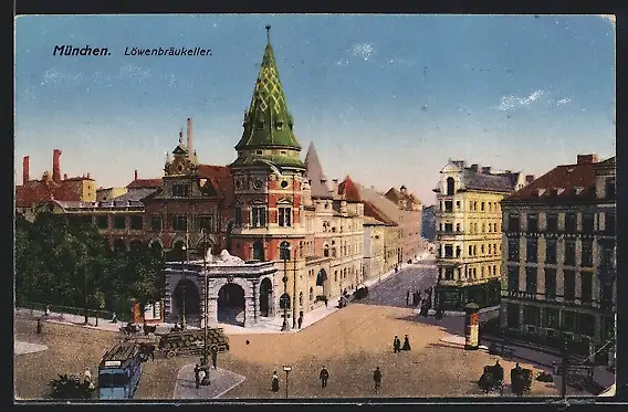 AK München, Löwenbräukeller mit Strassenkreuzung aus der Vogelschau, mit Strassenbahn