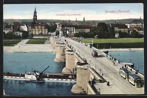 AK Dresden-Neustadt, Friedrich-August-Brücke, Partie mit Strassenbahn und Elbdampfer