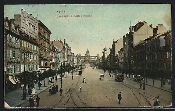AK Prag, Wenzelsplatz und Museum, Strassenbahn