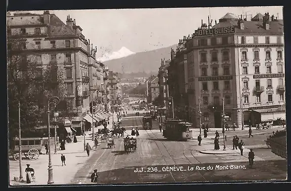 AK Genève, La Rue du Mont-Blanc, Strassenpartie mit Strassenbahn